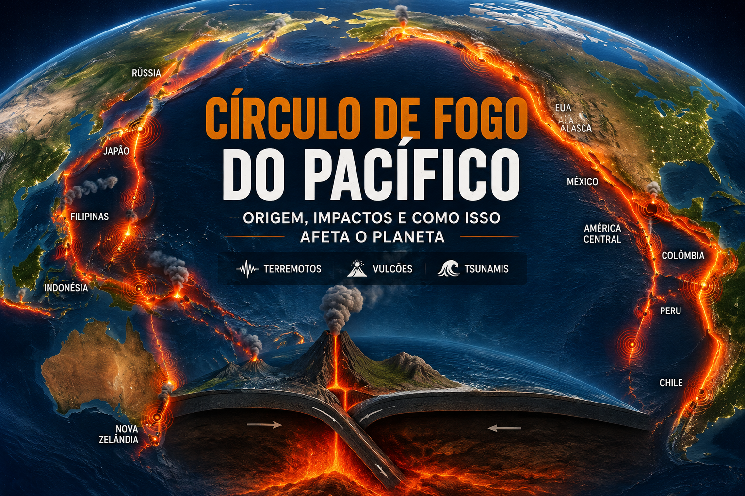 Representação educacional do Círculo de Fogo do Pacífico com vulcões, terremotos e zonas tectônicas ao redor do oceano Pacífico