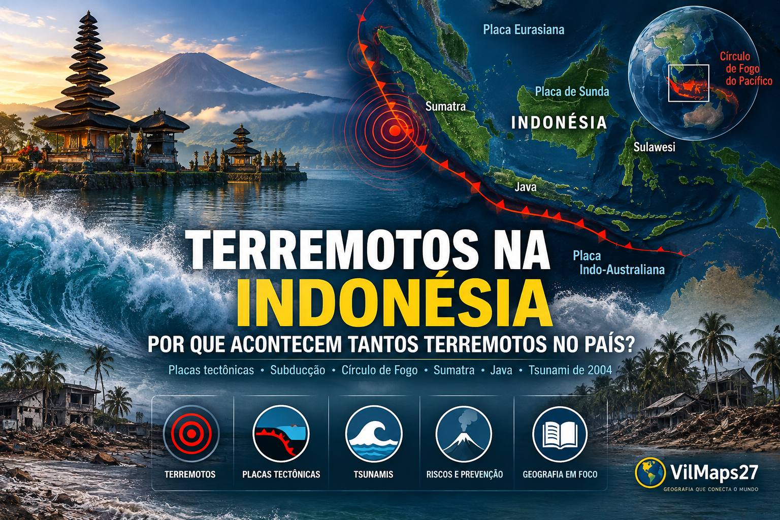 Terremotos na Indonésia, placas tectônicas, subducção, Círculo de Fogo e tsunami