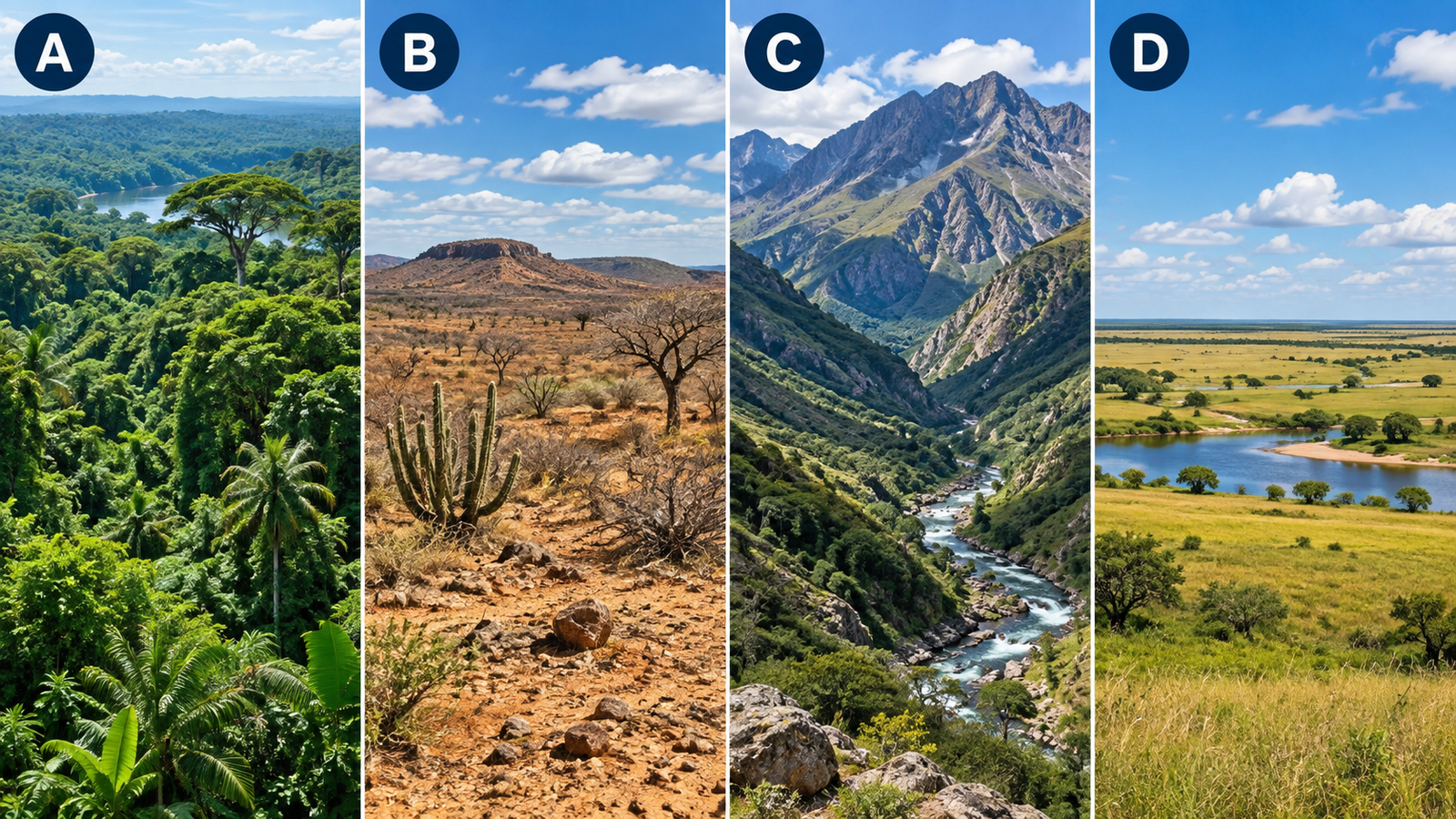 Quatro paisagens naturais identificadas pelas letras A, B, C e D, apresentando diferentes tipos de vegetação, relevo, disponibilidade de água e características ambientais.