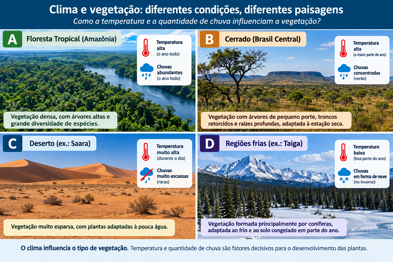 Comparação didática entre quatro ambientes com diferentes condições de temperatura, precipitação e cobertura vegetal.