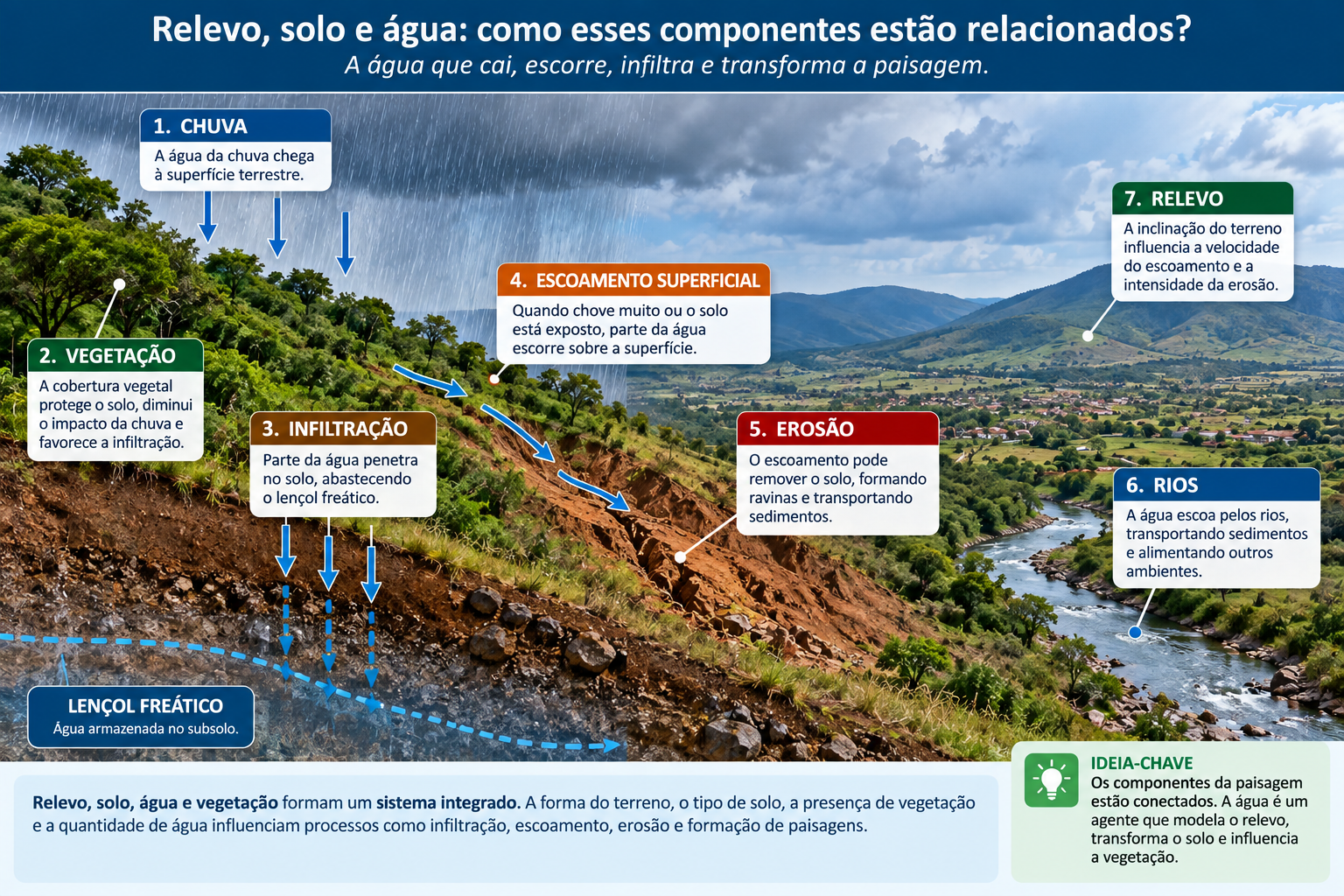 Infográfico didático mostrando chuva, vegetação, infiltração, escoamento superficial, erosão, rio e influência do relevo em uma encosta.