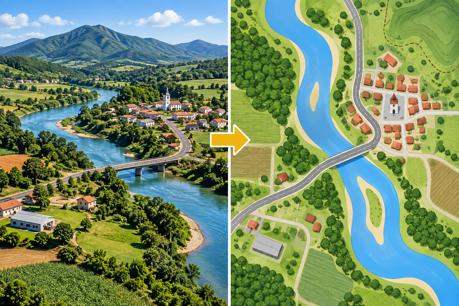 Comparação didática entre uma paisagem com rio, estrada, construções, vegetação e relevo e uma representação cartográfica vista de cima dos mesmos elementos.