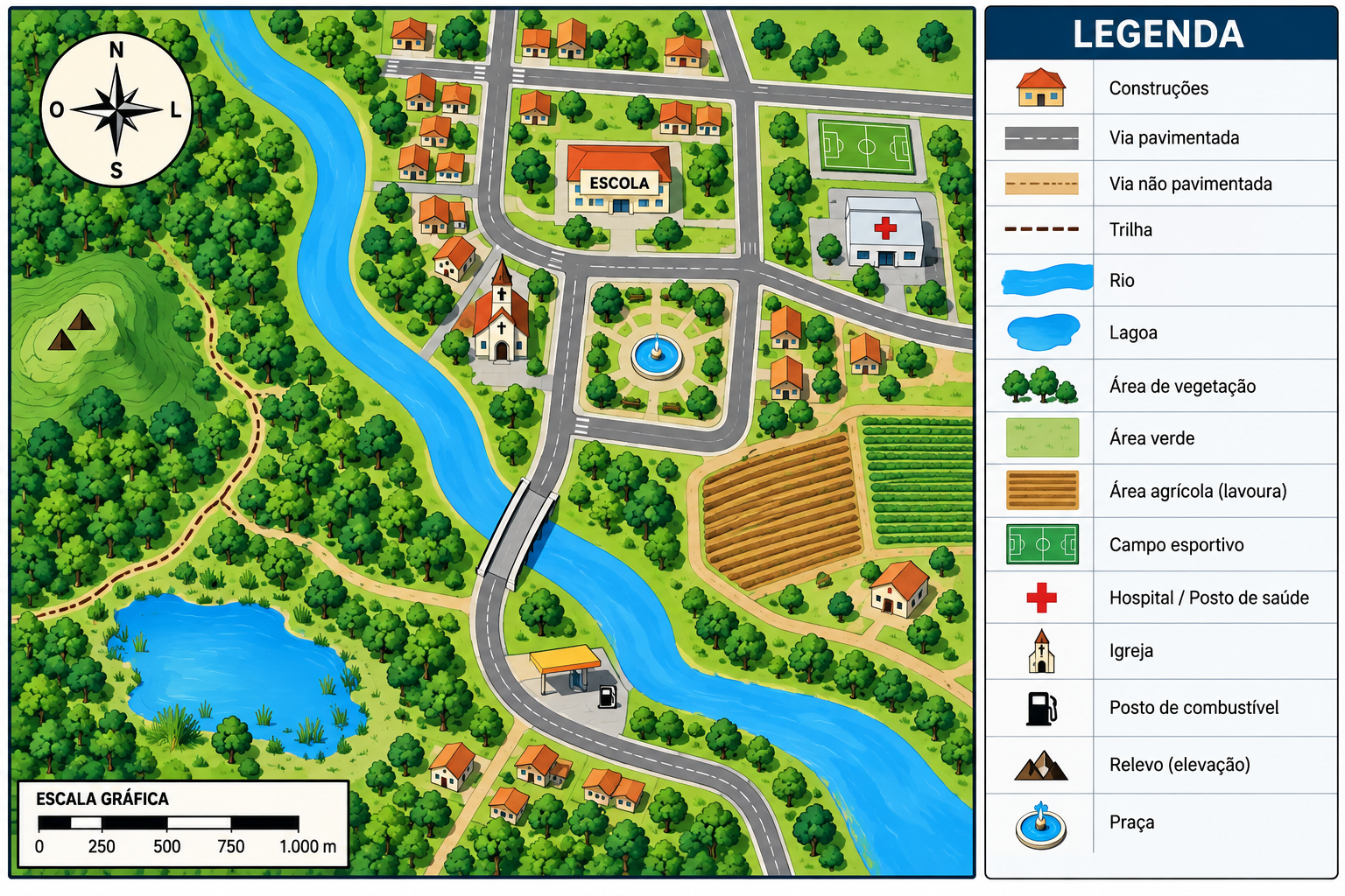 Mapa didático com construções, vias, rio, lagoa, vegetação, área agrícola, hospital, igreja, praça e outros elementos acompanhados por uma legenda cartográfica.