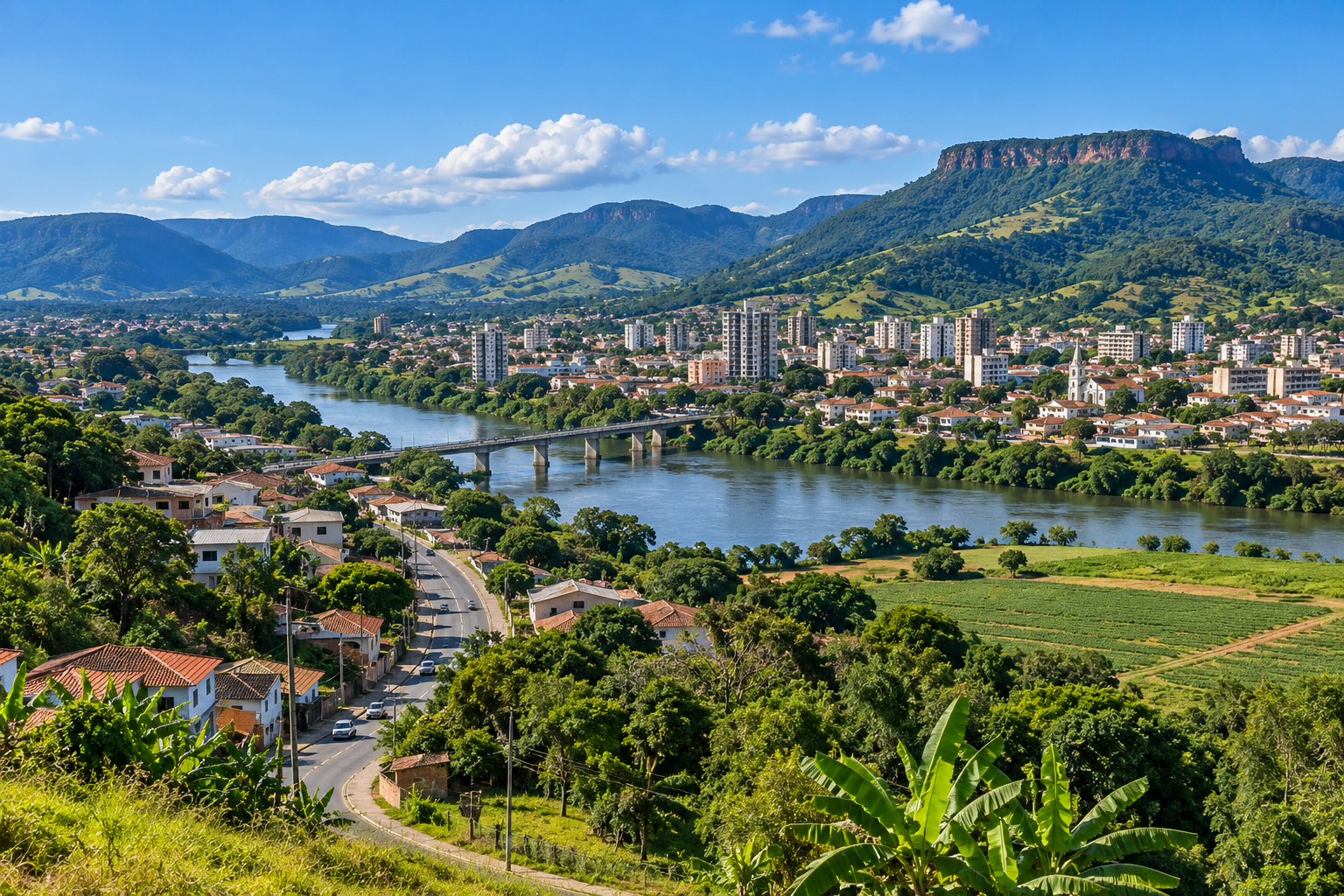 Paisagem com rio, relevo, vegetação, áreas agrícolas, construções, ruas e ponte para atividade de observação geográfica