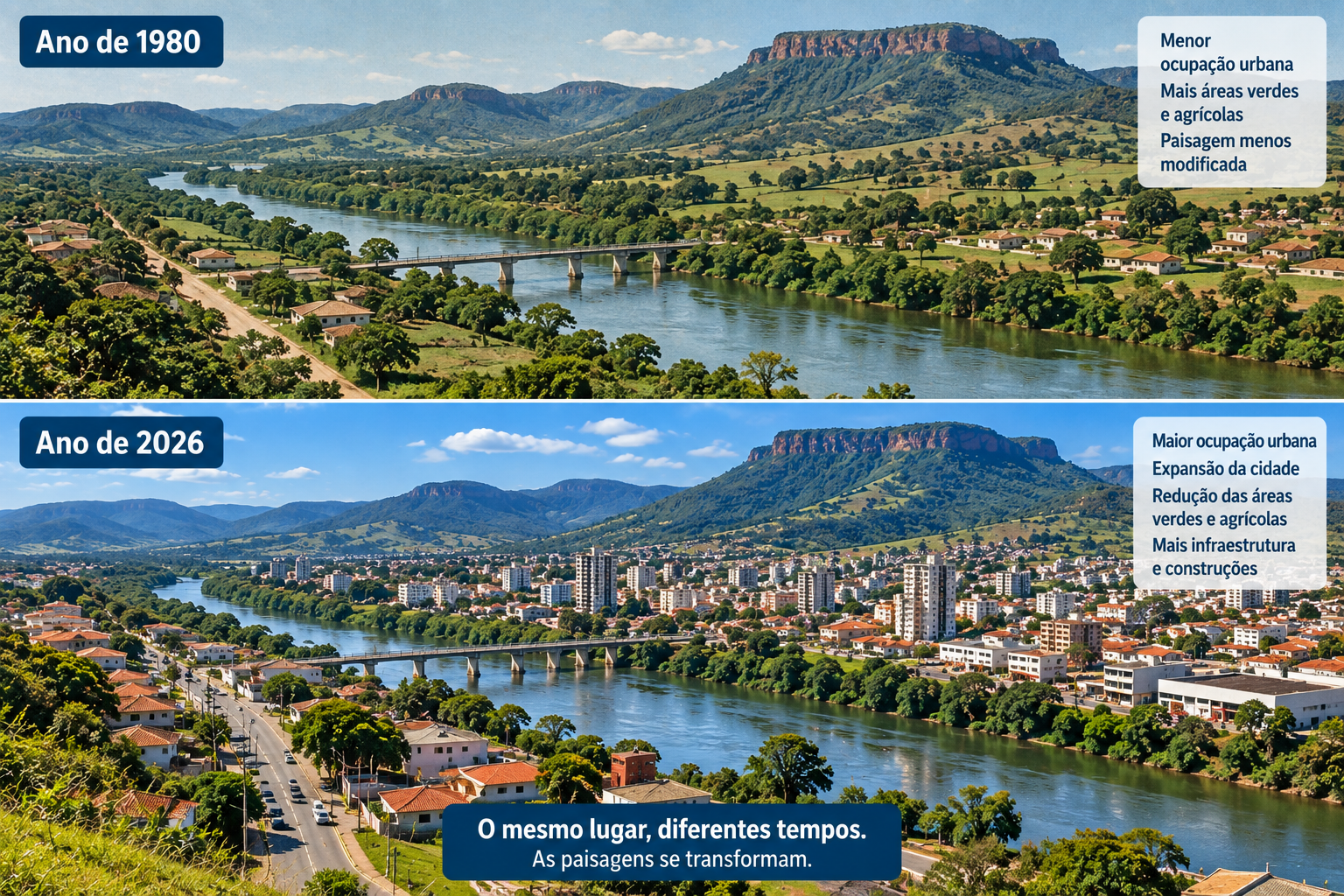 Comparação da mesma paisagem em 1980 e 2026 mostrando transformações urbanas e permanências naturais