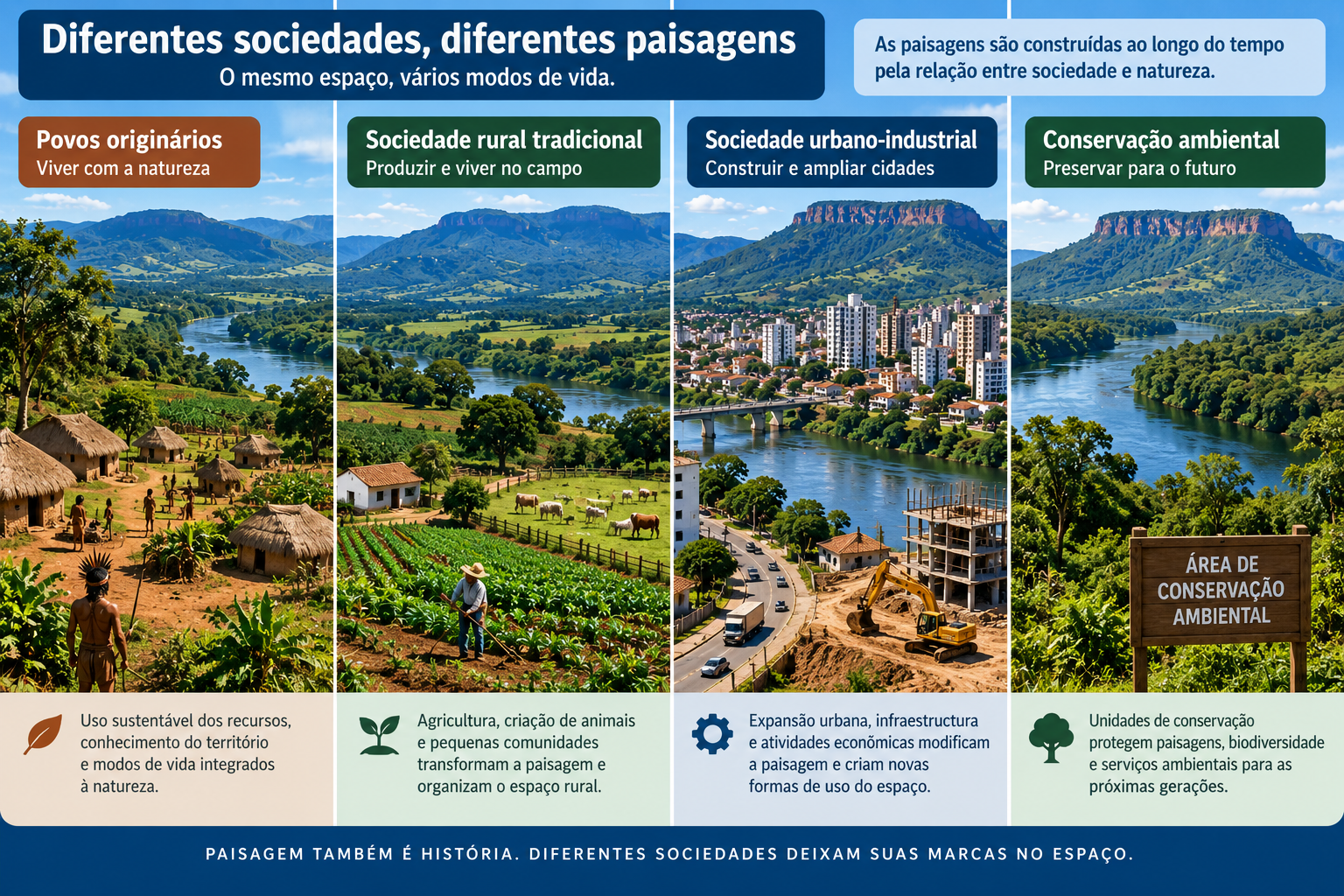 Representação didática de diferentes sociedades e formas de uso e transformação da paisagem