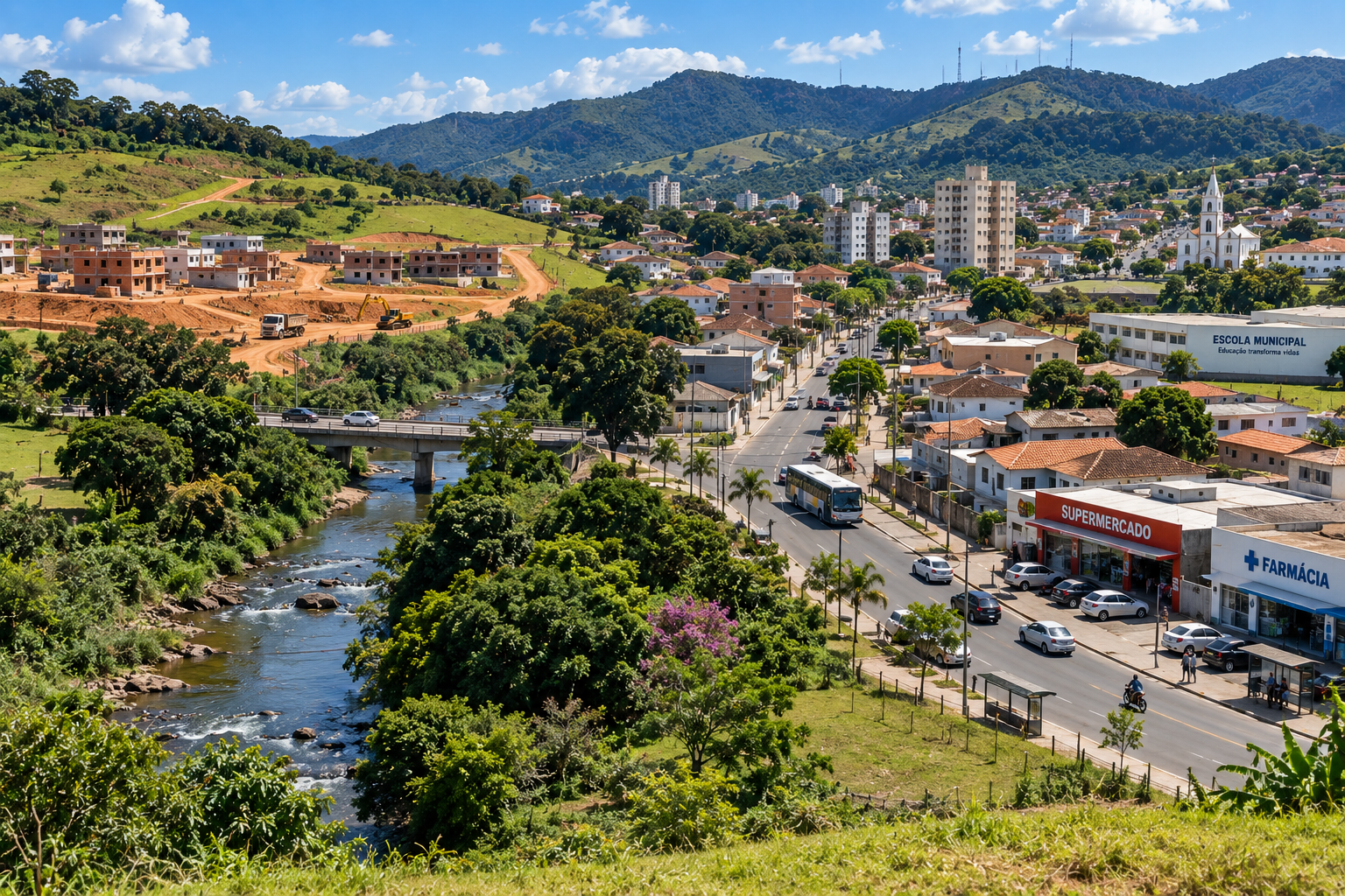 Paisagem urbana brasileira com rio, vegetação, relevo, moradias, comércio, escola, vias, ponte e áreas em transformação
