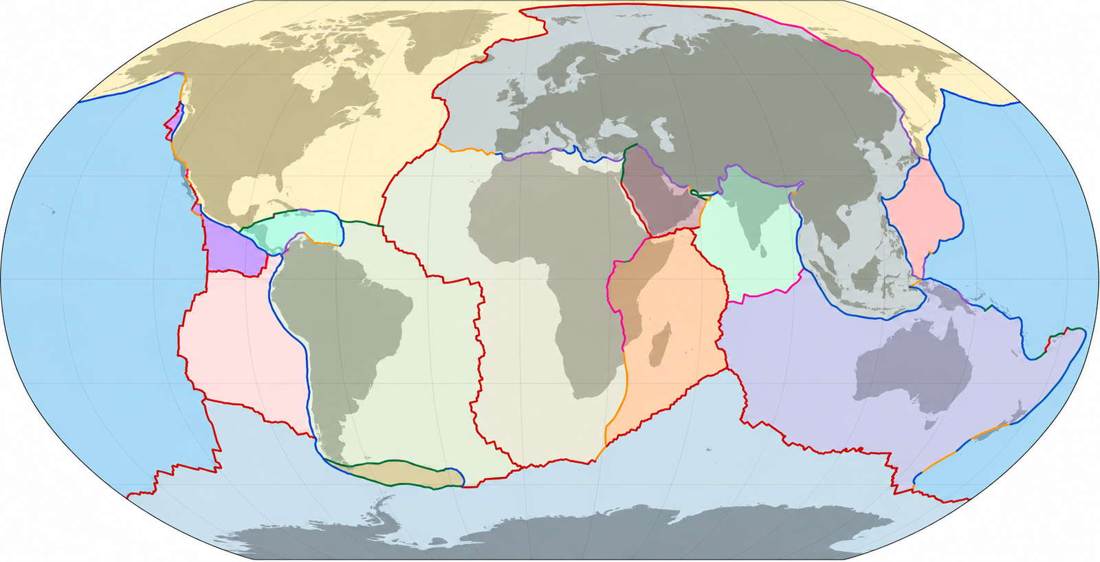 Mapa-múndi sem os nomes das placas tectônicas para atividade de localização