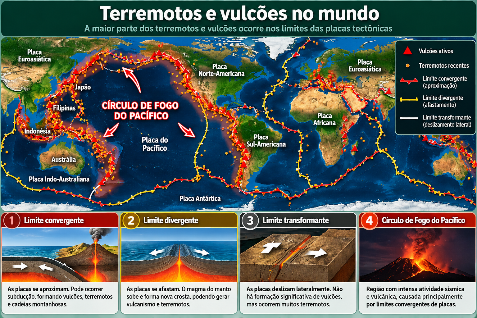 Mapa educativo mostrando placas tectônicas, terremotos, vulcões e o Círculo de Fogo do Pacífico