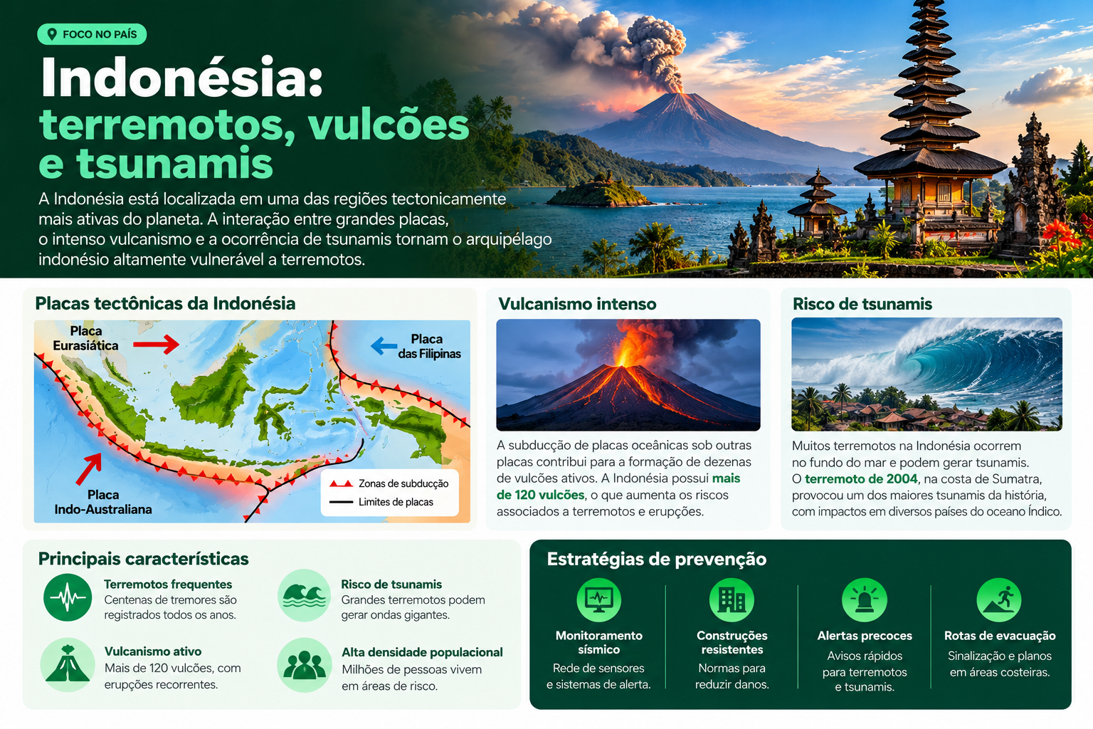 Infográfico sobre terremotos, vulcões, placas tectônicas e tsunamis na Indonésia