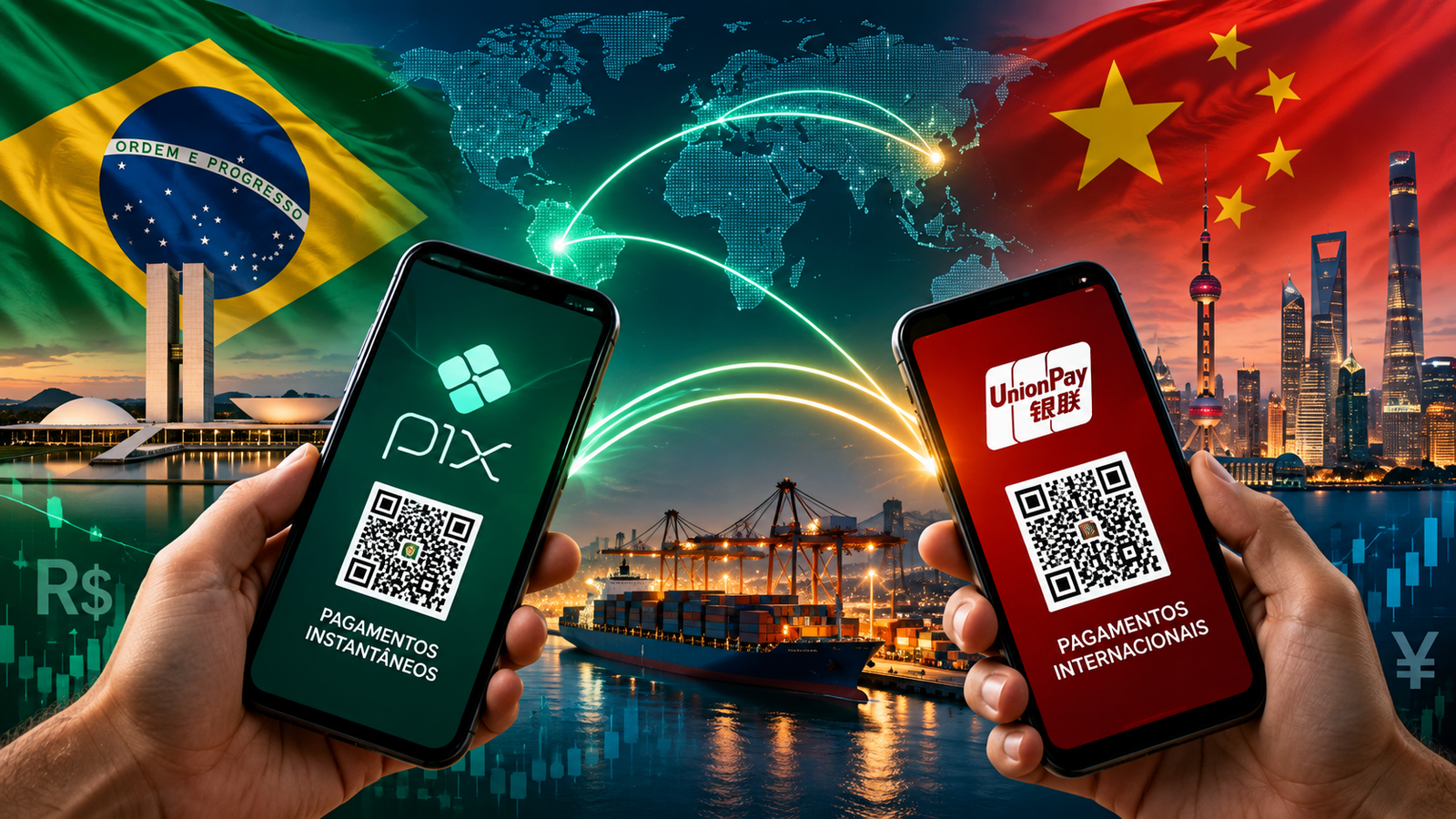 Brasil, China e Pix representando pagamentos digitais e integração financeira
