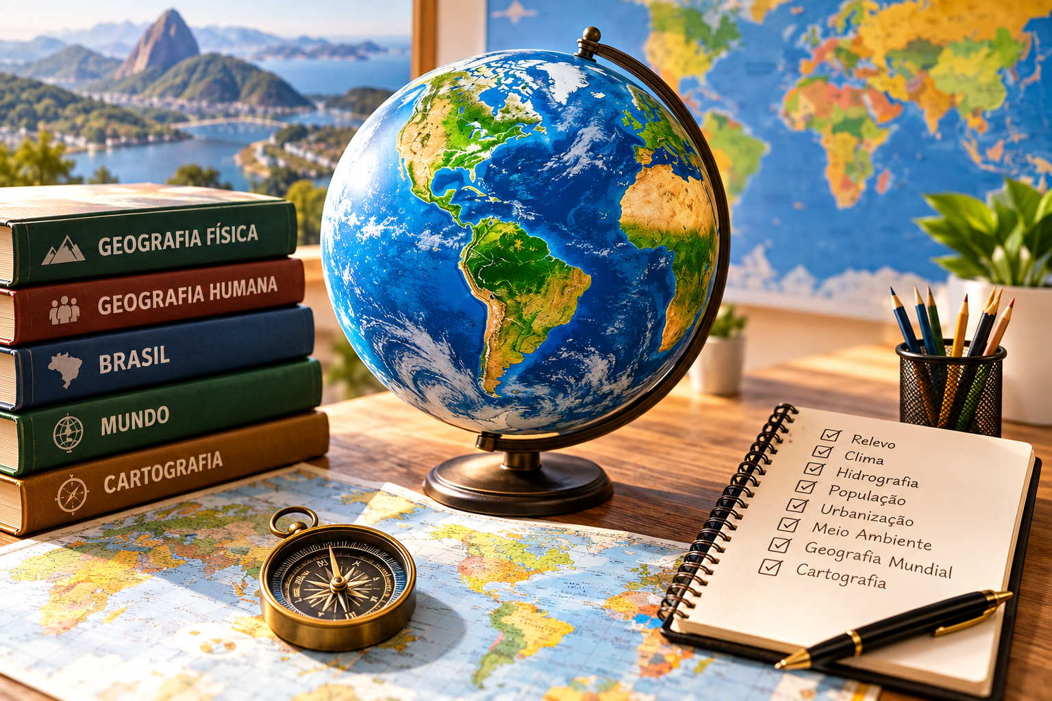 Quiz de Geografia Geral com globo terrestre, mapas, bússola e temas de Geografia