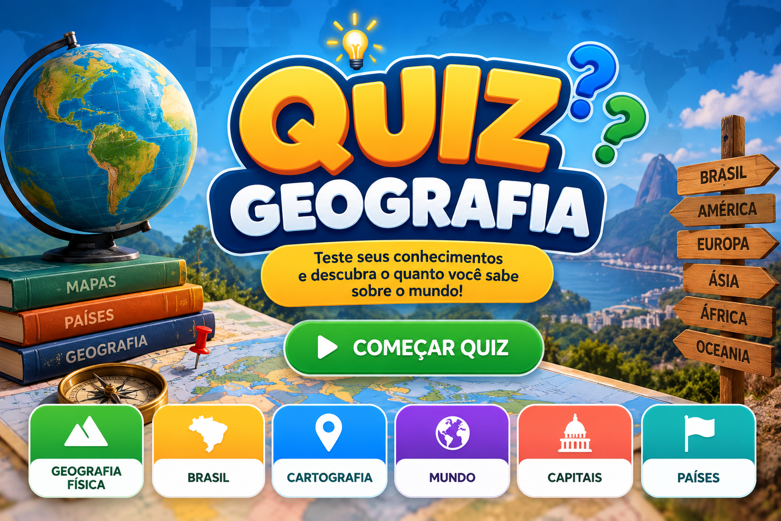 Quiz de Geografia com mapas, países, capitais e temas geográficos