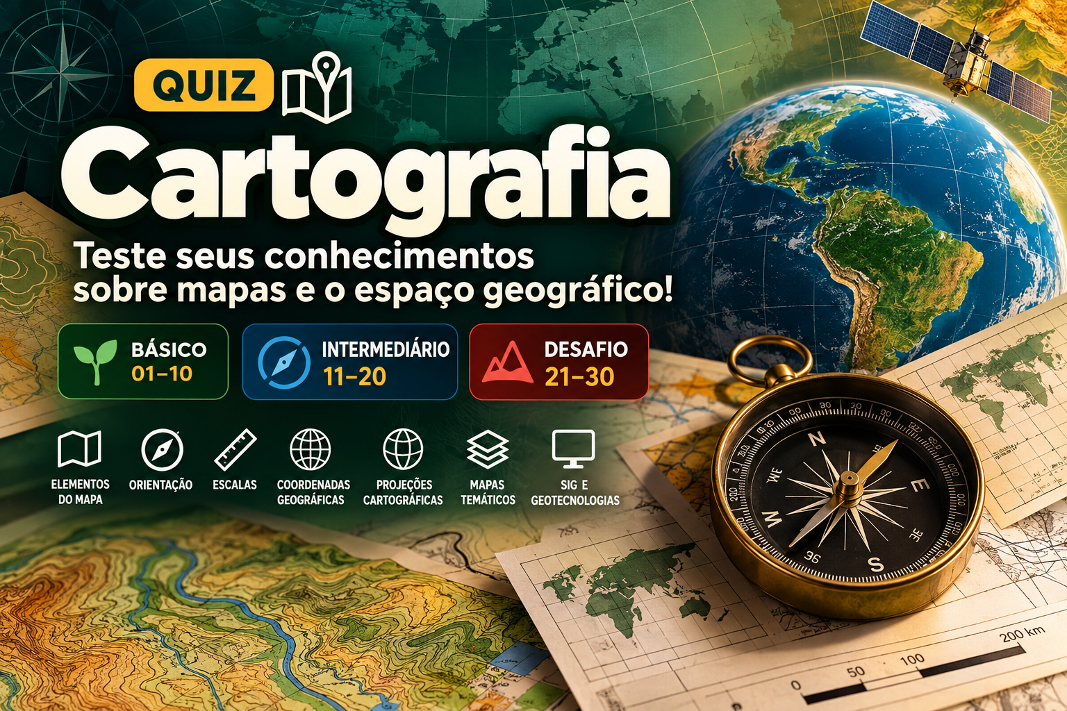Quiz de Cartografia com mapas, globo, bússola, coordenadas e projeções cartográficas