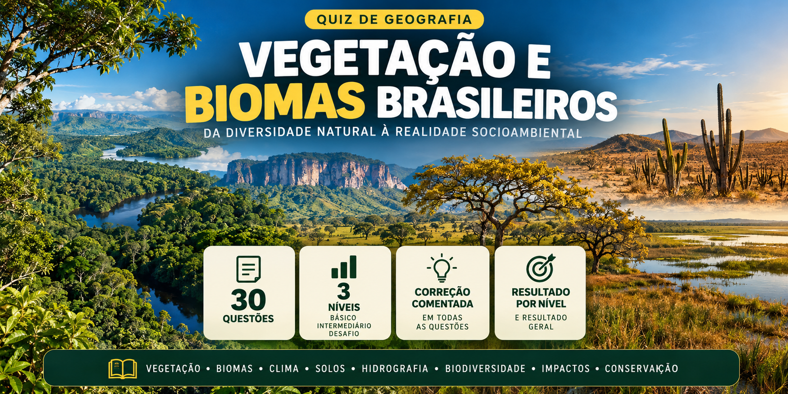 Quiz de Vegetação e Biomas Brasileiros com paisagens representando diferentes formações vegetais e biomas