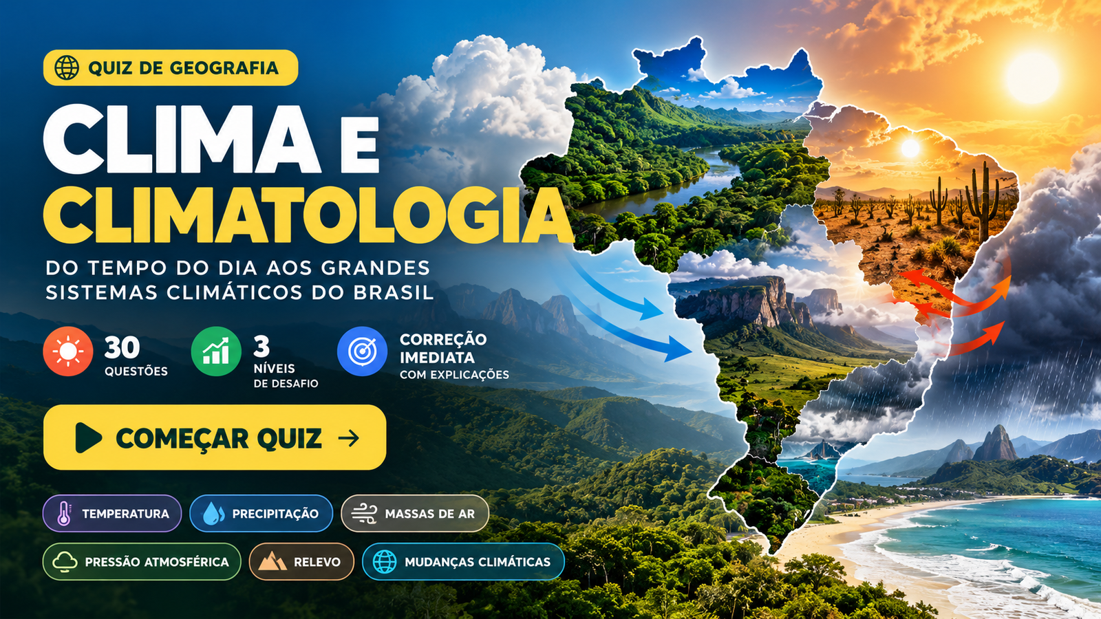 Quiz de Clima e Climatologia com representação dos diferentes sistemas climáticos do Brasil